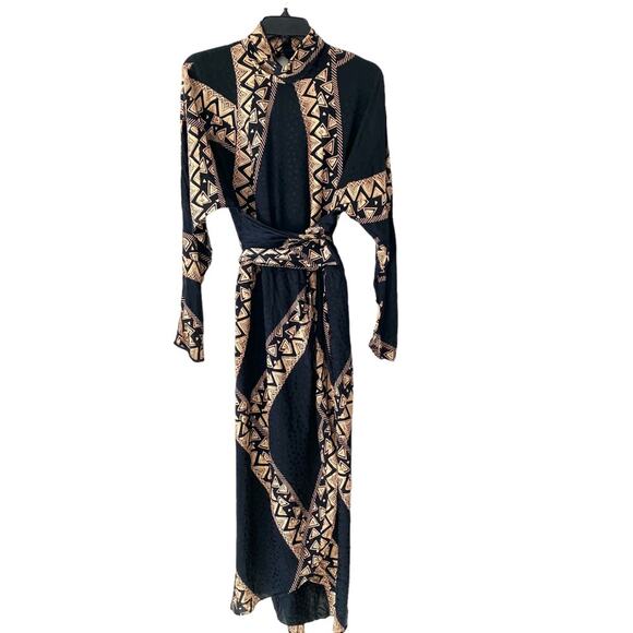 Debora Kuchme Vintage Pure Silk Black Tan Geometric Print Open Back Dress 12 - Picture 1 of 9